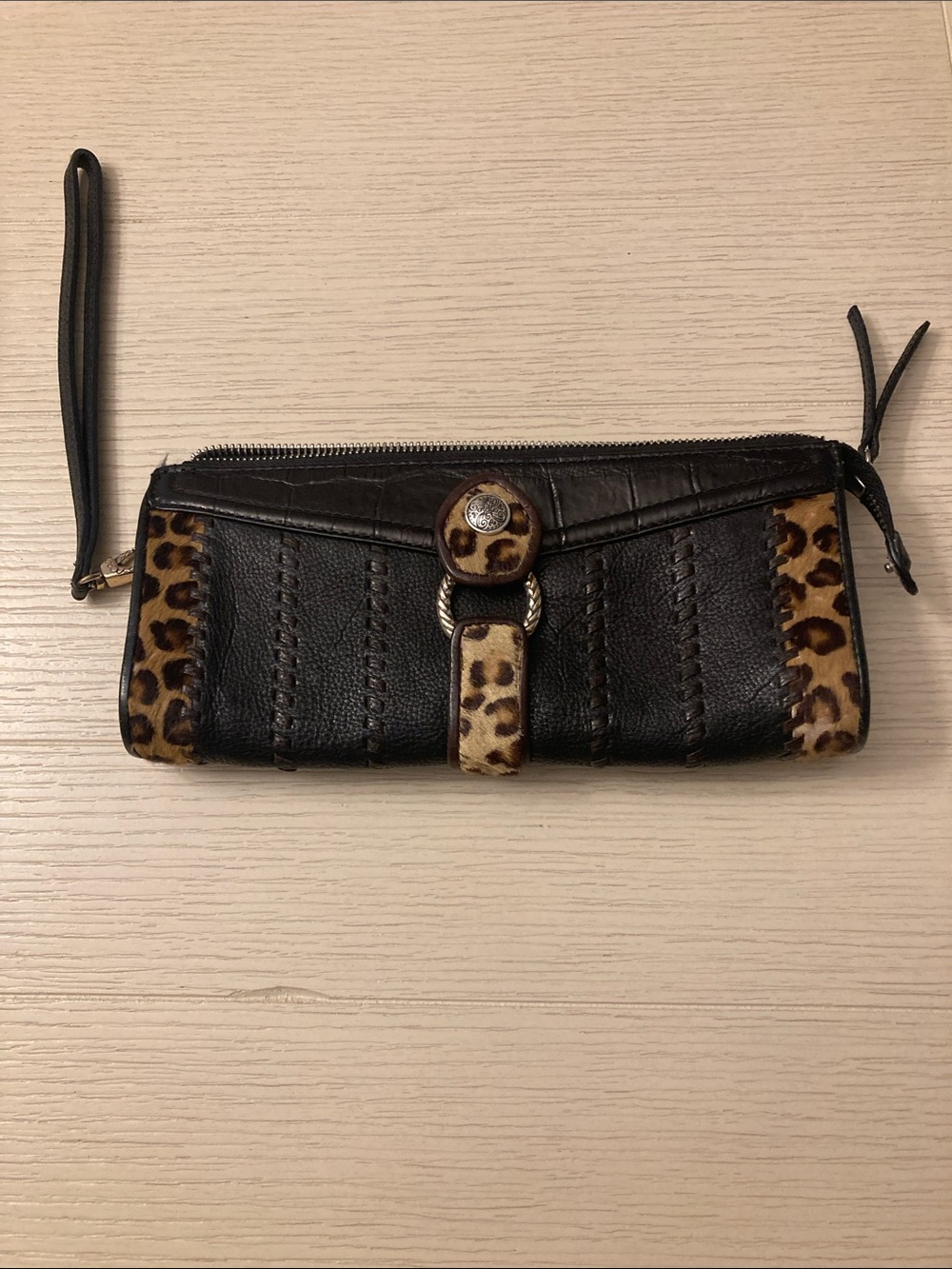 Brighton black leather wrislet w/ leopard trim